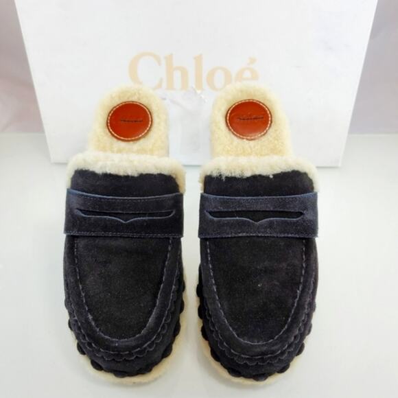 NWT$850 CHLOE Joy Black Suede Shearling Fur Slip-on Clogs Slides Shoes Sz 35 (5) - Picture 13 of 16